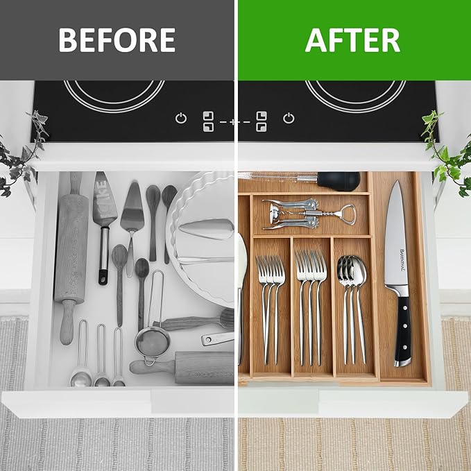 large Expandable Silverware Drawer Organizer - Bamboo Kitchen Organizers and Storage, Adjustable Silverware Organizer, Utensil Drawer Organizer for Kitchen Organization (6-8 Slots)