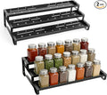 SANKEU Expandable Spice Rack Organizer for Cabinet 3 Tiered Metal Seasoning Organization with Guardrails Spice Shelf Storage for Jars Adjustable Length 13"-21" Black 2Pack