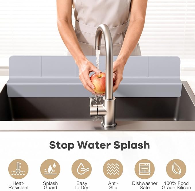 Sink Splash Guard with Suction Cups, 23", Silicone Water Guard for Kitchen & Bathroom, Faucet & Countertop Protector, Easy Install, Dishwasher Safe