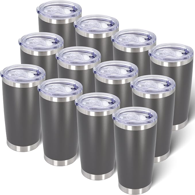 AIANJI 20oz Tumbler Bulk Stainless Steel Tumblers with Lid Vacuum Insulated Double Wall Travel Coffee Mug Powder Coated Tumbler Cup for Hot and Cold Drinks(Grey, 12 pack)