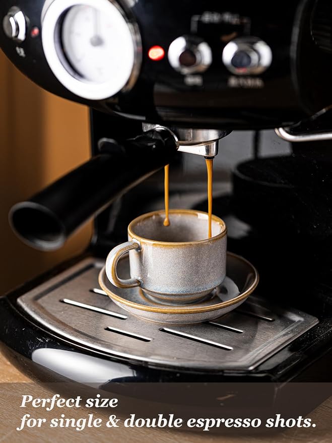 Gomakren 2.5 Ounce Espresso Cups Set of 4, Small Stackable Coffee Cups with Saucers and Metal Stand Father's Day Porcelain Demitasse Cups for Specialty Coffee Drinks, Espresso, Cappuccino, Latte, Gray