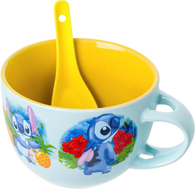 Silver Buffalo Disney Lilo and Stitch Tropical Water Ceramic Soup Mug with Spoon Set, 24 Ounces
