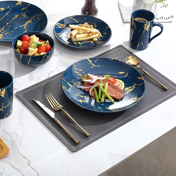 Modern Porcelain 16 Piece Blue Dinnerware Set,Plates and Bowls Sets,Gold Dish Set for 4,Blue Dinnerware Set,Dinner Sets with Dinner Plates.