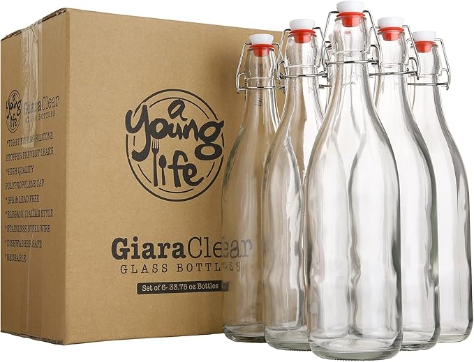 AYL Flip Top Glass Bottle [16 fl. oz./Pack of 6]– Swing Top Brewing Bottle with Stopper for Beverages, Oil, Vinegar, Kombucha, Beer, Water, Soda, Kefir – Airtight Lid & Leak Proof Cap – Clear
