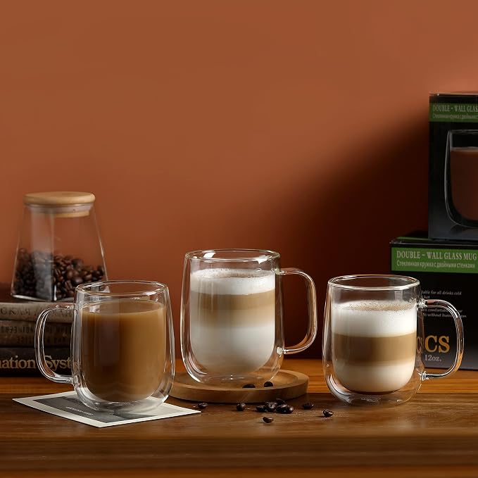 CNGLASS Large Double Wall Glass Coffee Mug 15.2oz,Clear Insulated Glass Espresso Cup with Big Handle,Clear Glass Espresso Mugs for Latte,Cappuccino,Tea Bag,Hot and Cold Beverages,set of 4