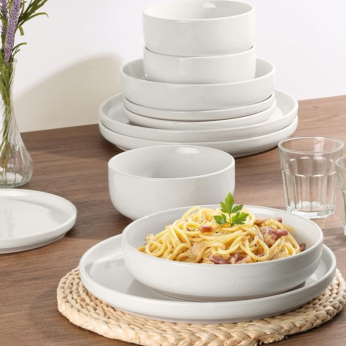 HaWare 8-Piece Plates and Bowls Set for 2, Stoneware Dinnerware Sets with Pasta Bowl, Dishes Set for Home Restaurant, Speckled Milky White