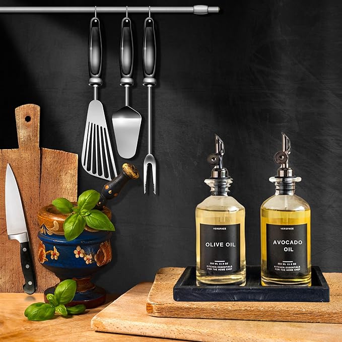 Verspace Olive Oil Dispenser Bottle for Kitchen,12oz/350ml and 17oz/500ml,Black With Black Silicone Tray Bundle