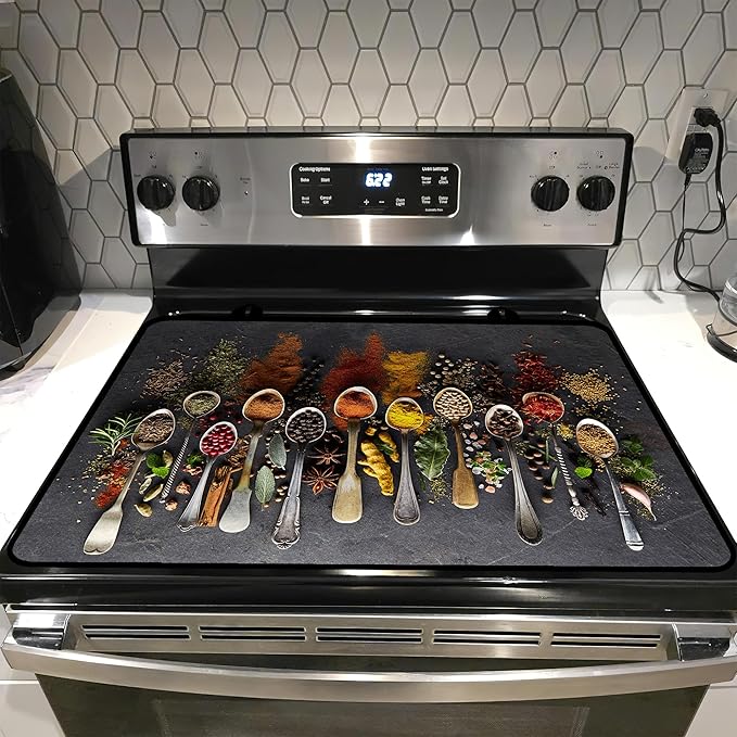 Glass Stove top Cover 28"x 20", Stove Top Covers for Electric Stove, Flat Range Mat for Glass Cooktop, Kitchen Heat-Resistant Protector Non-Slip Drying Mat (Herbs Spices)