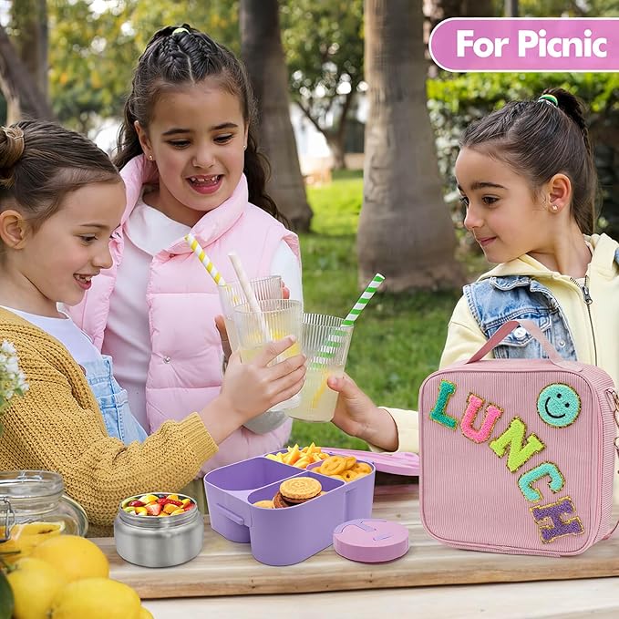 Girls Lunch Box with Bento, Bento Box with 4 Compartment, with Leak Proof Thermo Food Jar, Preppy Corduroy Insulated Lunch Bag for Girl Kids Teens School Travel Picnic, Pink