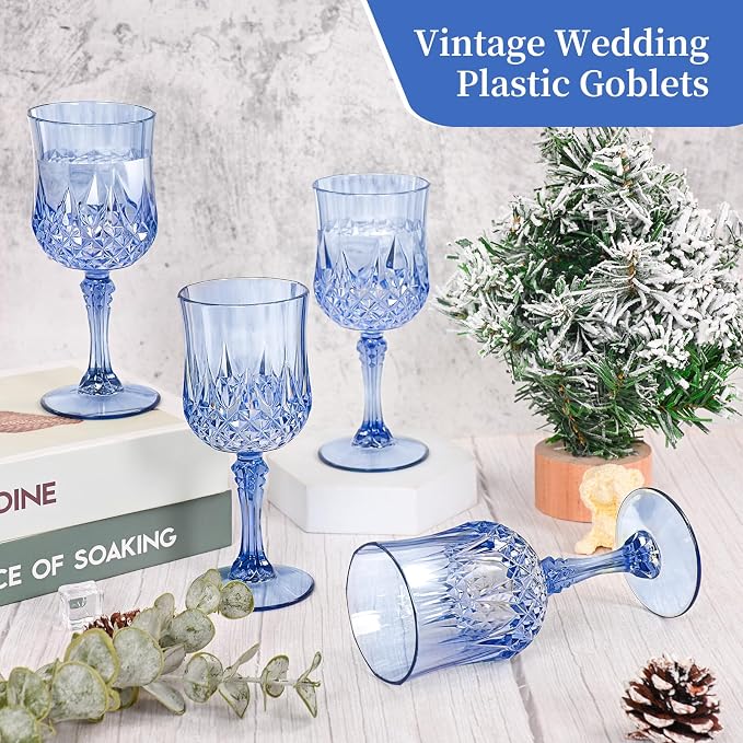 24 Pack Light Blue Plastic Wine Glasses, Vintage Plastic Goblets for Parties, Drinking Glasses Unbreakable Glassware Crystal Water Goblets Reusable Drinkware for Wedding Reception Grand Event Party