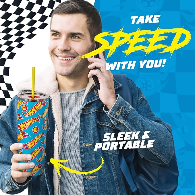 Dragon Glassware x Hot Wheels Tumbler with Straw, 24 oz - Race Team | Vacuum Insulated Stainless Steel Tumbler with Straw & Lid; Double Walled Tumbler with Straw; Hot Wheels Cup with Lid