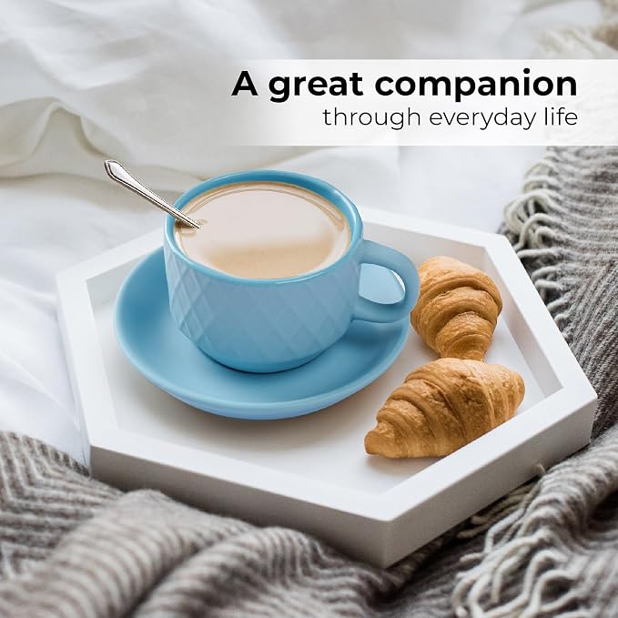MIAMIO - 6 x 2.5 oz Stoneware Espresso Mug, Cup Set Modern with Stand and Saucers - Palmanova Collection (Ocean Blue)