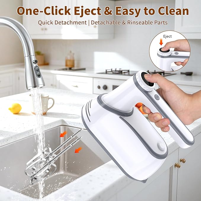 binROC Cordless Electric Hand Mixer, 12-Speed Rechargeable Handheld Mixer with Eject Button, 6 Stainless Steel Attachments, Snap-On Storage Case, LED, Self-Stand for Baking, Cake, Dough, Egg (White)