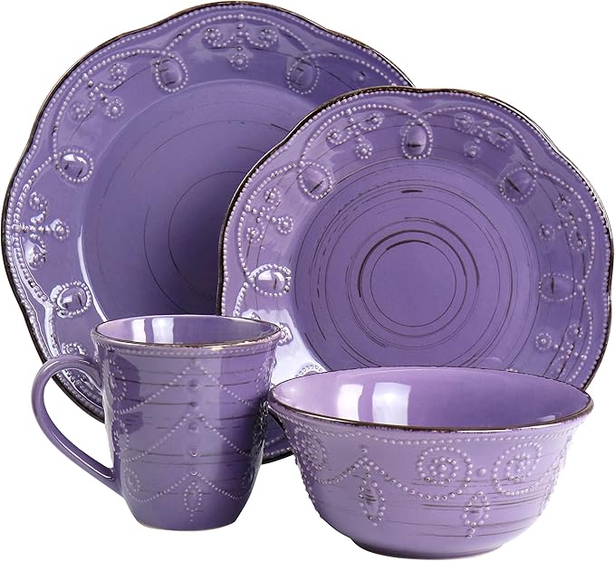 Elama Rustic Birch 16 Piece Stoneware Dinnerware Set in Purple, Purple with Brown Accents, (EL-RUSTICBIRCH)