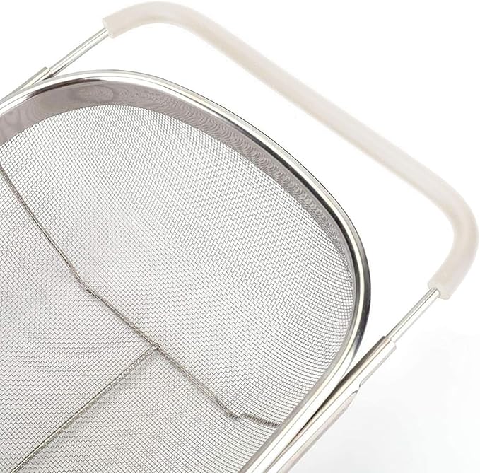 AJIODA Over The Sink Colander, 6 Quarts Stainless Steel Oval Colander with Expandable Rubber Grip Handle, Fine Mesh Strainer Baskets Kitchen Colanders for Strain, Drain, Rinse Vegetable, Fruits, Beige