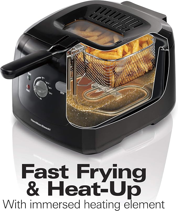 Hamilton Beach Cool Touch Electric Deep Fryer with Basket For Home Use | 2 Liter / 8 Cup Oil Capacity | 1500 Watts | Cool-Touch Sides | Lid With View Window | Adjustable Temperature | Black | 35021