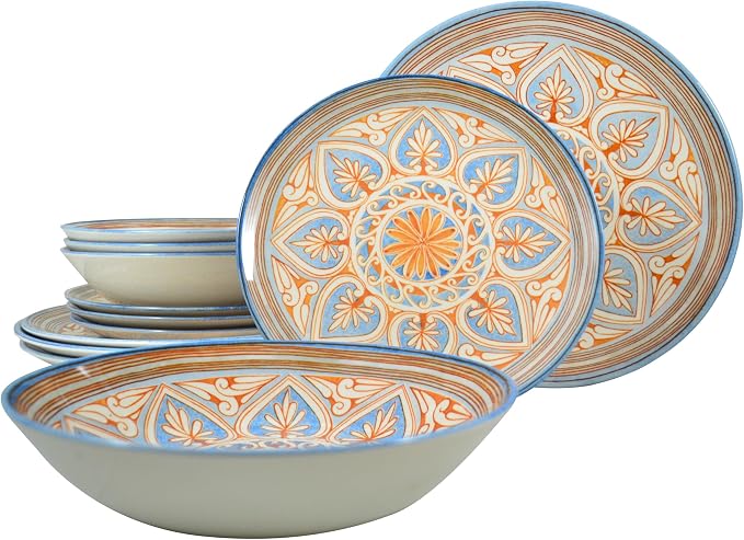 Tudor Royal 12-Piece Round Porcelain Dinnerware Set, Service for 4 - Majolica Design, Multicolor Floral, Plates Bowls Mugs Dishes, Premium Quality Tableware, Unique Pattern, Glossy