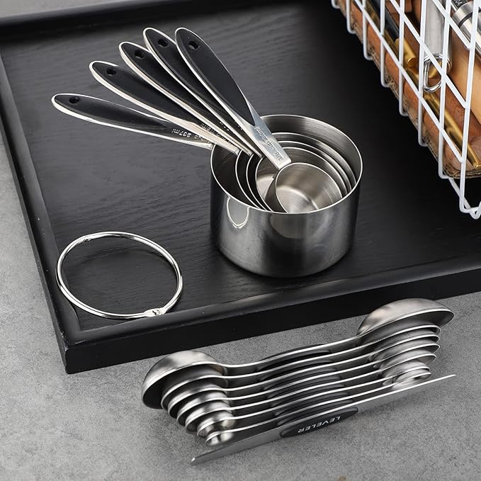 Measuring Cups and Spoons Set Includes 5 Stainless Steel Measuring Cups 7 Magnetic Measuring Spoons and 1 Leveler for Dry or Liquid Ingredients (Black)