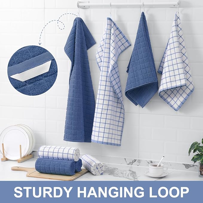 Homaxy Premium Cotton Kitchen Towels 16"x 28", Large Natural Ring Spun 390 GSM Dish Towels, Super Absorbent Terry Kitchen Hand Towels, Soft Tea Towels with Hanging Loop, Navy Blue Check, 12 Pack