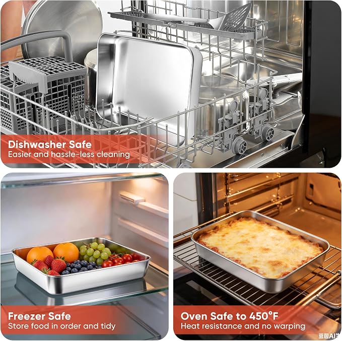 E-far Lasagna Pan, Stainless Steel Rectangular Baking Pan, 10.3x8x2” Small Sheet Cake Pan Metal Bakeware Toaster Oven Tray for Brownie Casserole, Deep Side & Heavy Duty, Anti-Rust & Dishwasher Safe
