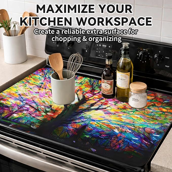 Decorative Stove Top Covers for Electric Stove 28"x20" – Heat Resistant Glass Cooktop Protector Dish Drying Mat – Non-Slip Rubber Backing Washer Top Cover Waterproof Extra Counter Space (Tree 2)