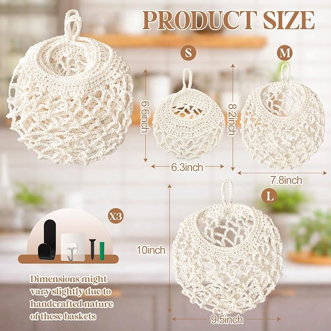 Honeydak Boho Decor Hanging Wall Baskets for Kitchen 3 Pack Teardrop Baskets with Hooks Storage Fruit Onion Vegetable Potato for Home 3 Sizes (White,Crochet,Cotton Rope)