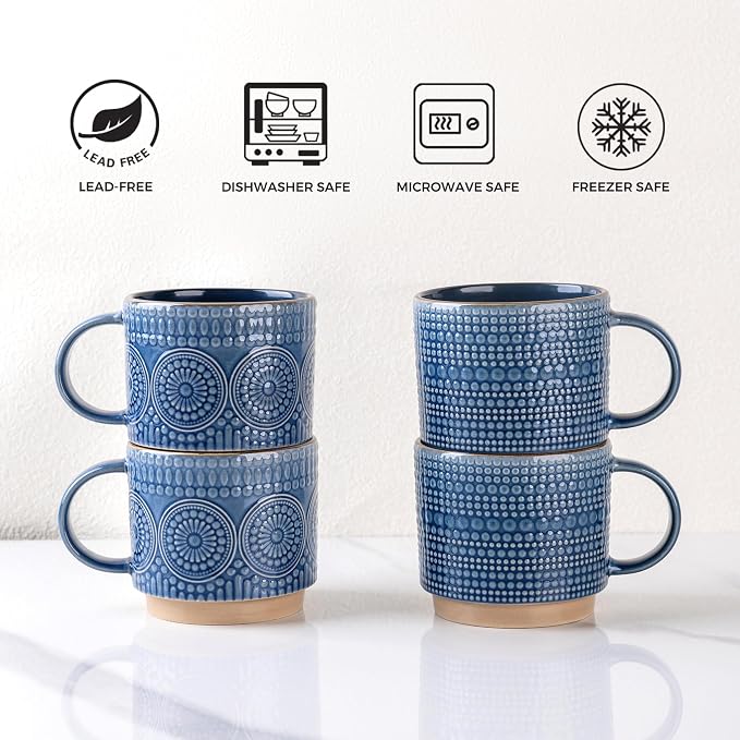 GBhome 16OZ Stackable Coffee Mugs, Ceramic Coffee Mugs with Texture Patterns for Man,Woman,Dad,Mom, Modern Coffee Mugs Set of 4 for Latte/Cappuccino/Cocoa. Dishwasher&Microwave Safe