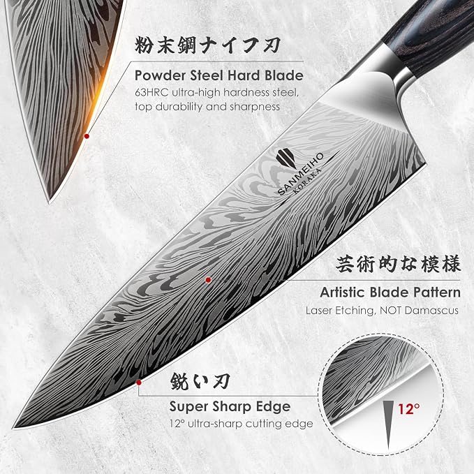 3PCS Kitchen Knife Set,Chef Knife Sets in Powder Steel, Ultra Sharp Japanese Knives Set High Carbon Steel Knives Sets, Cooking Knives Set with Ergonomic Pakkawood Handle
