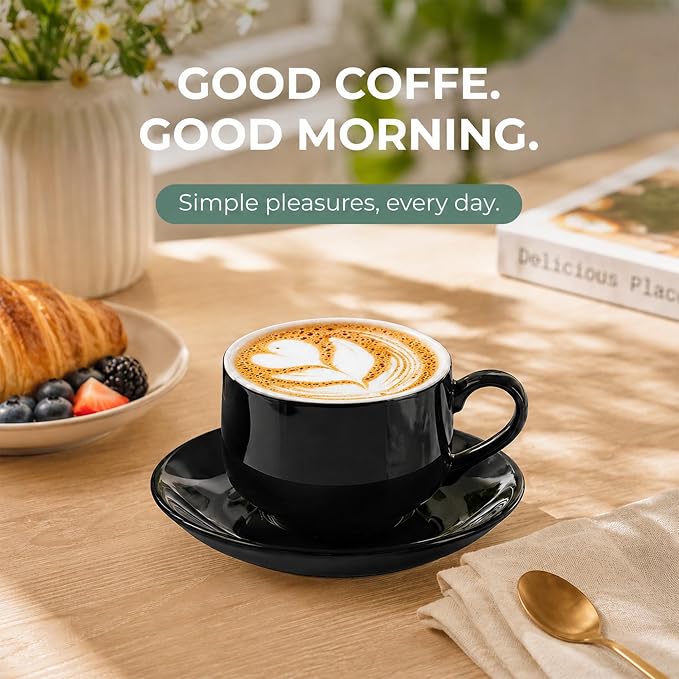 8 Ounce Cappuccino Cups Set of 4, Black | Stackable Cappuccino Mugs, Includes Display Stand, Cups Saucers, and Spoons, for Machines & Home Use, Gold Stand
