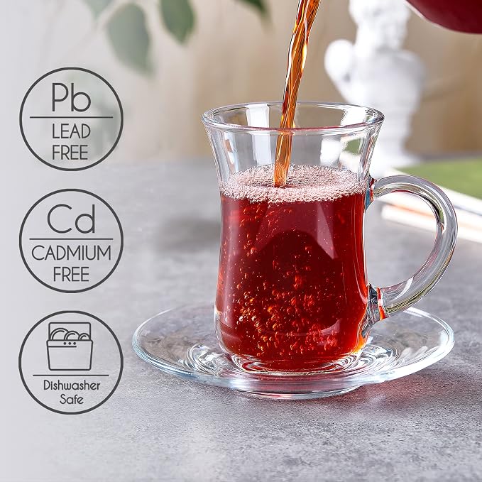 Volarium 4.9 oz (145 cc) Small Turkish Tea Set, 12 Piece Modern Turkish Tea Glasses & Saucers Set, 6 PCs Clear Glass Tea Cups with Handle and 6PCs Glass Saucers