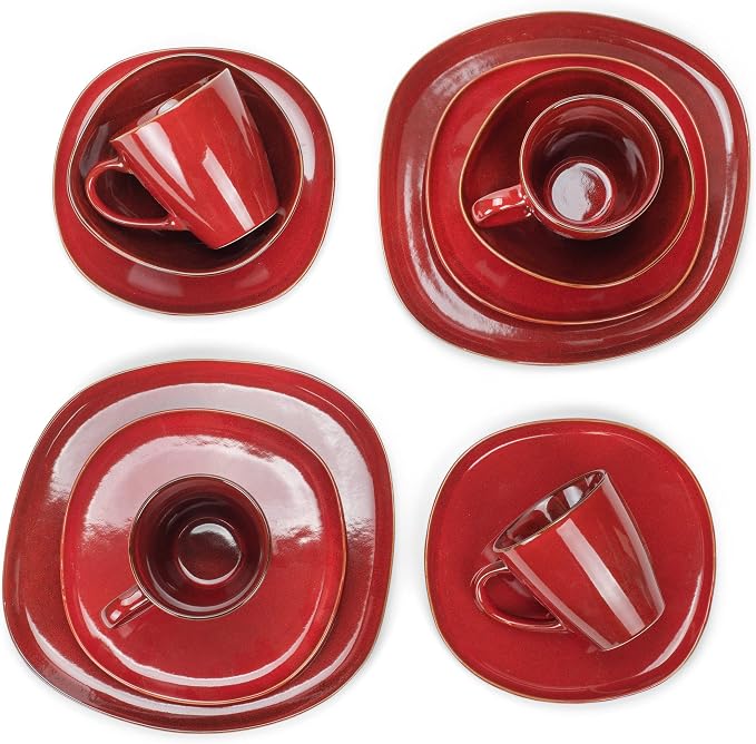 Elanze Designs 16-Piece Modern Luxury Chic Smooth Vintage Handmade Shape High Gloss Ceramic Stoneware Square Plate Mug & Bowl Kitchen Dinnerware 16 Piece Set - Service for 4, Deep Crimson Red