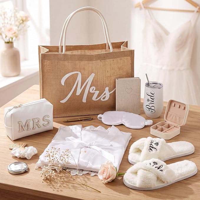 JaGely 9 Pcs Bride to Be Gifts Set Bridal Shower Bachelorette Wedding Gifts with Robe Slippers Tumbler Tote Bag & Bridal Kit