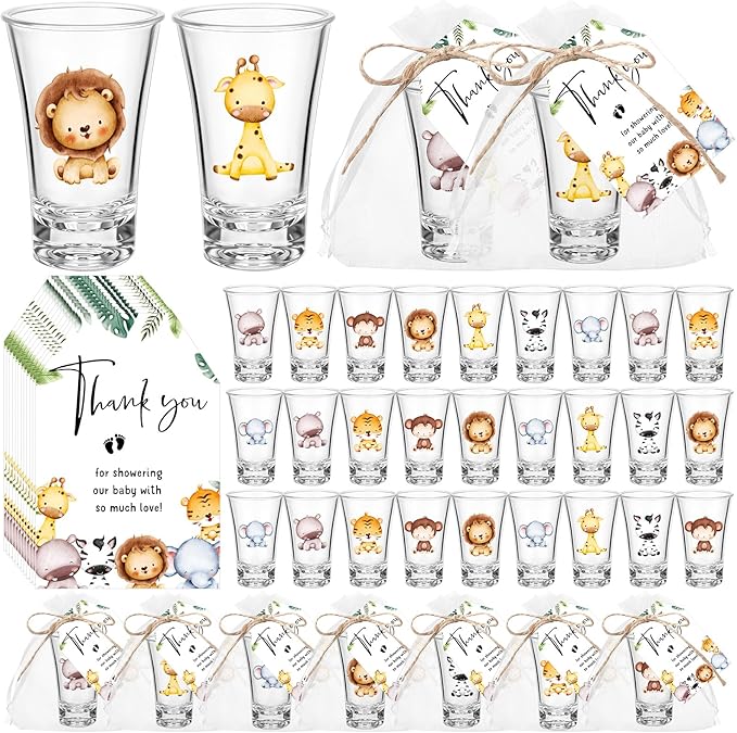Pickmesh 50 Sets Safari Baby Shower Shot Glasses for Guests Include Animal Shot Glasses Thank You Cards Organza Bags for Jungle Woodland Gender Reveal Party Supplies