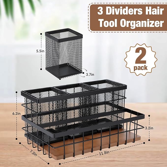 AceOrbit 2 Pcs 1pcs Hair Tool Organizer Countertop Breathable Metal Bamboo Hot Tools Vanity Organizer Under Sink Bathroom Hair Dryer Holder Countertop Brush Comb Holder Tray (Koa Wood,Black)