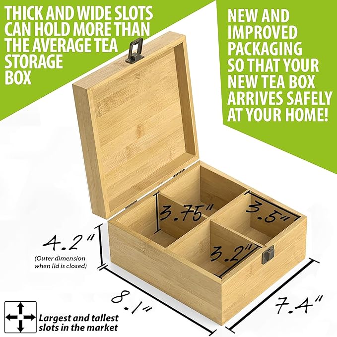 Bamboo Tea Organizer Box Chemical Free Big, Tall, Adjustable Cubbies Natural Wooden Storage Chest (4-Slot Square 7.4" x 8.1" x 4.2" Blank)