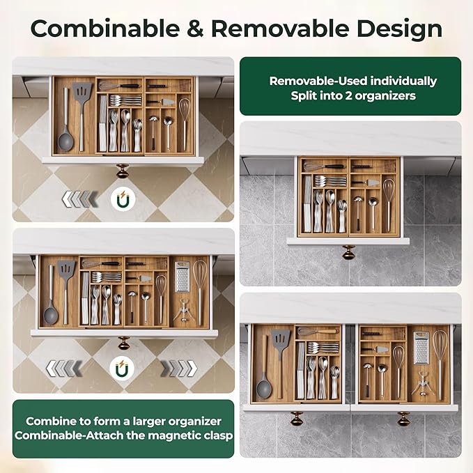 Large Silverware Organizer, 13 Slots Magnetic Connected Expandable Bamboo Utensil Drawer Organizer From 21 to 37.4 Inches, Adjustable Flatware and Cutlery Holder, Utensil Tray for Kitchen Natural