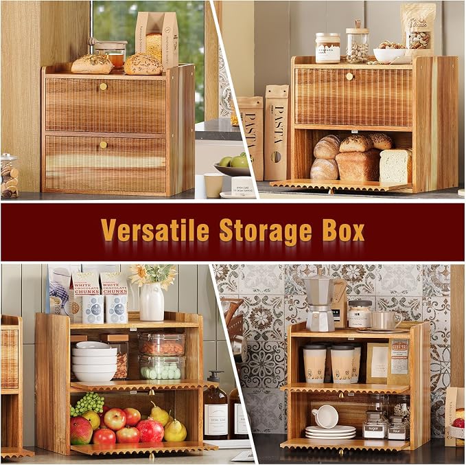 Trironsun Acacia Bread Box for Kitchen Countertop Wood Bread Storage Container Bin Double Layer BreadBox Farmhouse Large Capacity Food Organizer (Acacia Wood)
