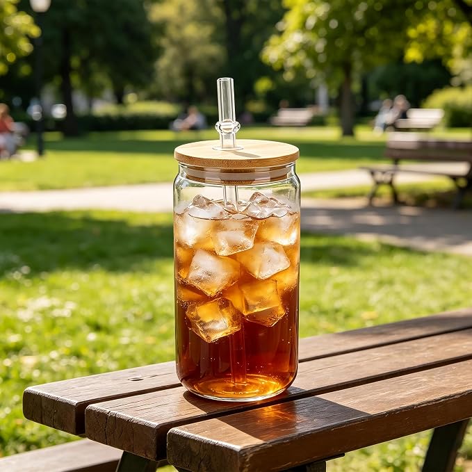 20 Pack Clear Plastic Cups with Bamboo Lids and Straws, 16 oz Acrylic Mason Jars Reusable Iced Coffee Cups Unbreakable Drinking Glasses for Poolside, Party Giveaways, Park Picnic