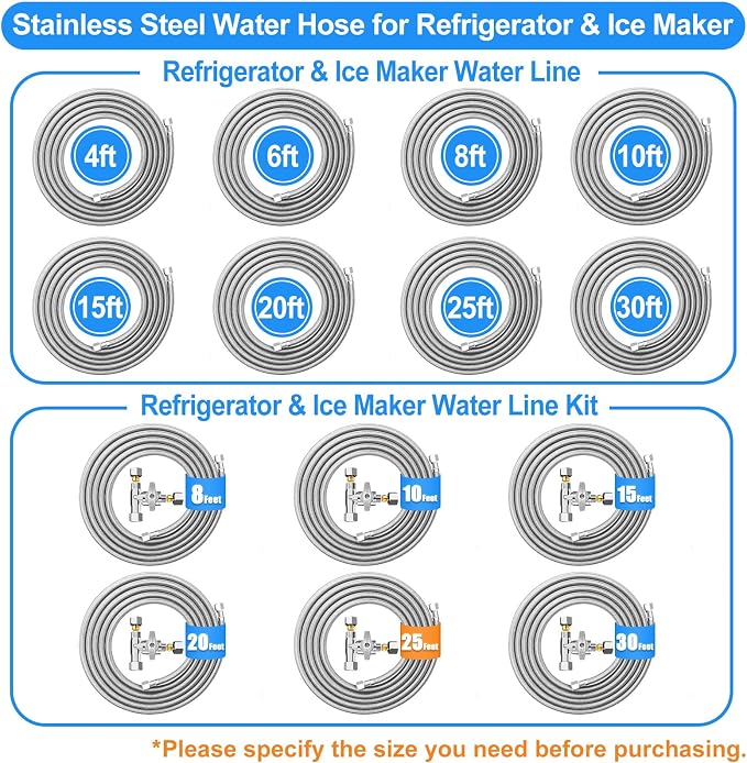 20 FT Premium Stainless Steel Braided Ice Maker Water Hose + 25 FT Refrigerator Water Line Kit with 3/8"- 1/4"- 3/8" Tee Stop Valve for Most Brands and Models Refrigerator
