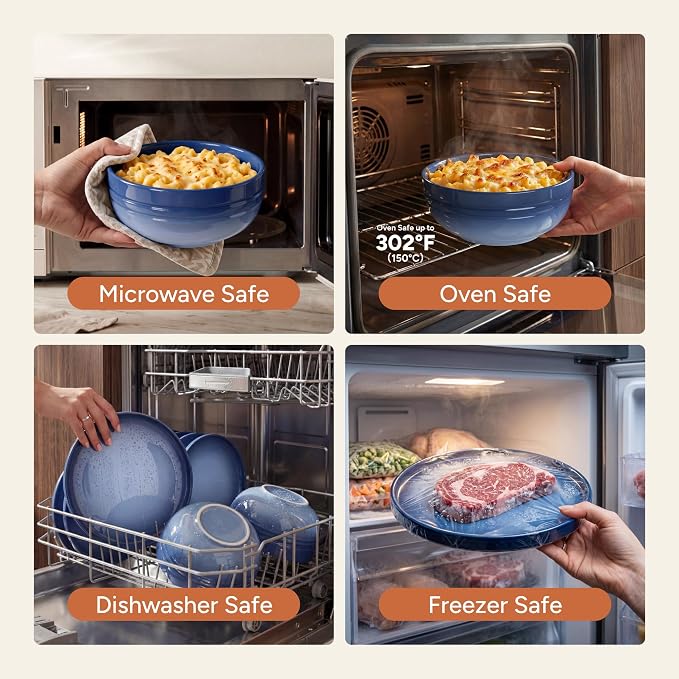 SMIRLY Stoneware Dinnerware Set for 4, 12-Piece Ceramic Plates and Bowls Set, Chip & Scratch Resistant Dish Set, Microwave, Dishwasher & Oven Safe for Everyday Meals, Blue