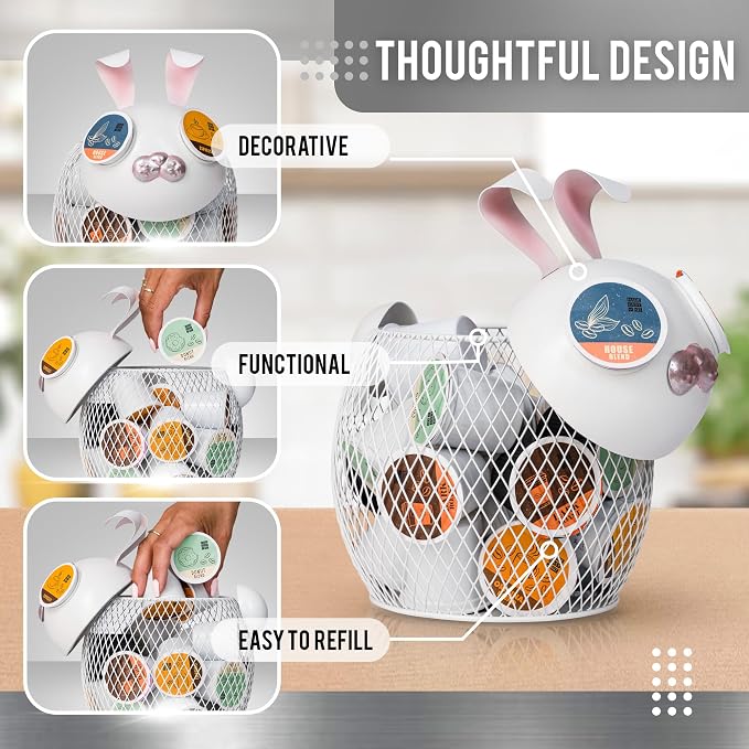 Made Easy Kit Coffee Pod Basket Organizer Useful Decor - Compatible with Keurig K-Cup Pods - Home Coffee Bar Functional Decoration - Café Station Countertop Freestanding Storage Accessory (WHT Bunny)