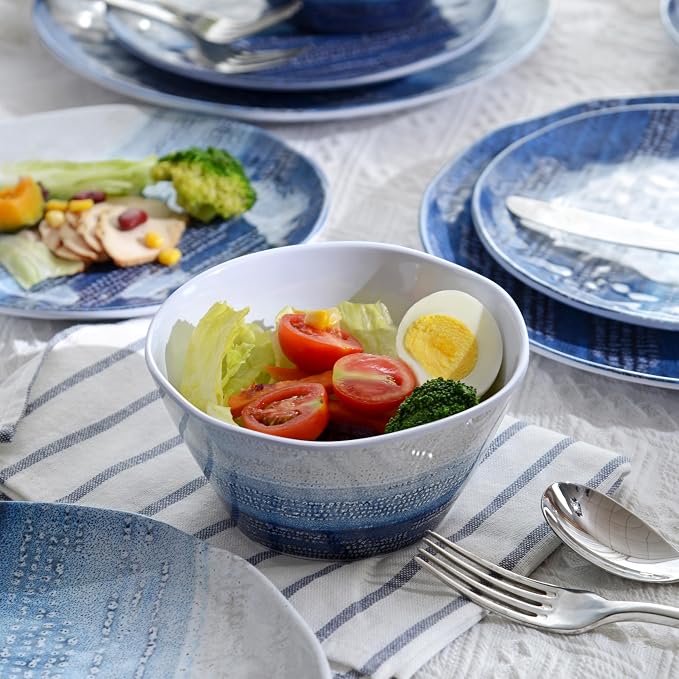 12PCS Melamine Dishes Set Blue, Nautical Plates and Bowls Sets for 4,Lightweight,Durable and Stackable for Camping, RV, Picnic and Outdoor Dining