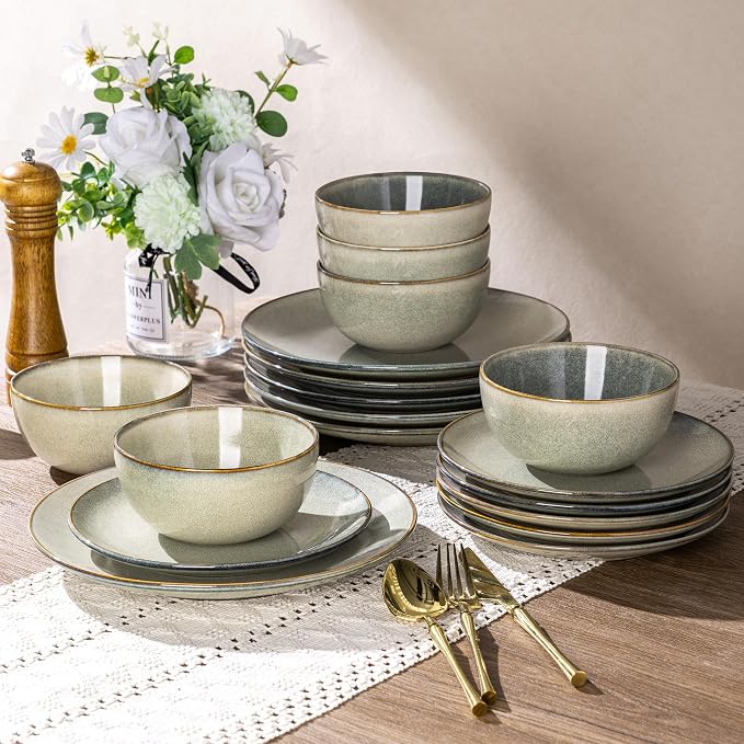 AmorArc Ceramic Dinnerware Sets for 6, 18 Pieces Handpainted Plates and Bowls Set, Scratch Resistant Stoneware Dishes Set, Dishwasher & Microwave Safe, Reactive Glaze