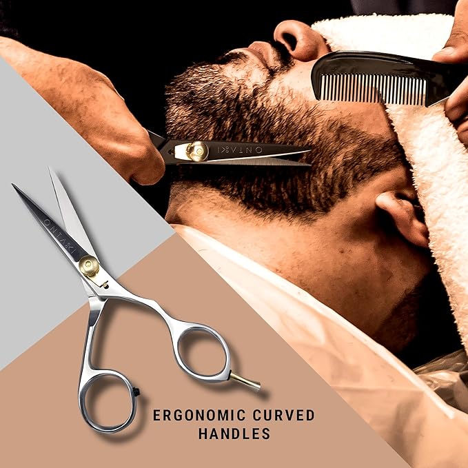 Ontaki Beard & Mustache Scissors For Men - 5.5" 420C Japanese Steel, Silver, Right Hand - Engineered Sharpness for Barber Shears - Comfort Grip for Grooming Scissors - Includes Beard Comb