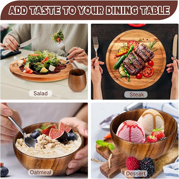 Maxdot 16 Pcs Acacia Wood Dinnerware Set, Round Wooden Plates,Solid Wooden Bowls and Tea Cups, Acacia Wood Tableware Supplies, Easy Cleaning & Lightweight for Dishes Snack, Dessert, Set for 4