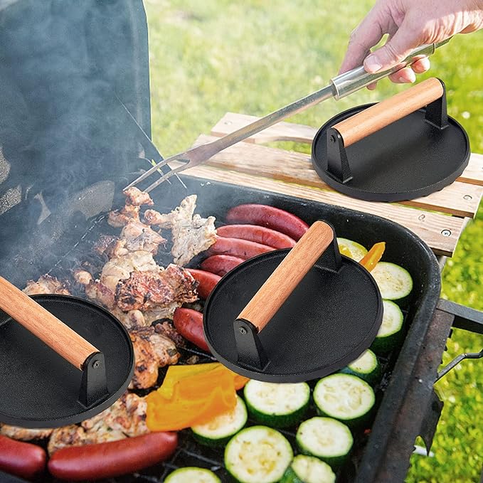 3Pcs Grill Press, Leonyo 7 Inch Round Cast Iron Burger Press, Heavy Duty Smash Burger Kit for Griddle Grill, Hamburger, Meat, Steak, Patty, Panini, Barbecue, Nonstick Pan