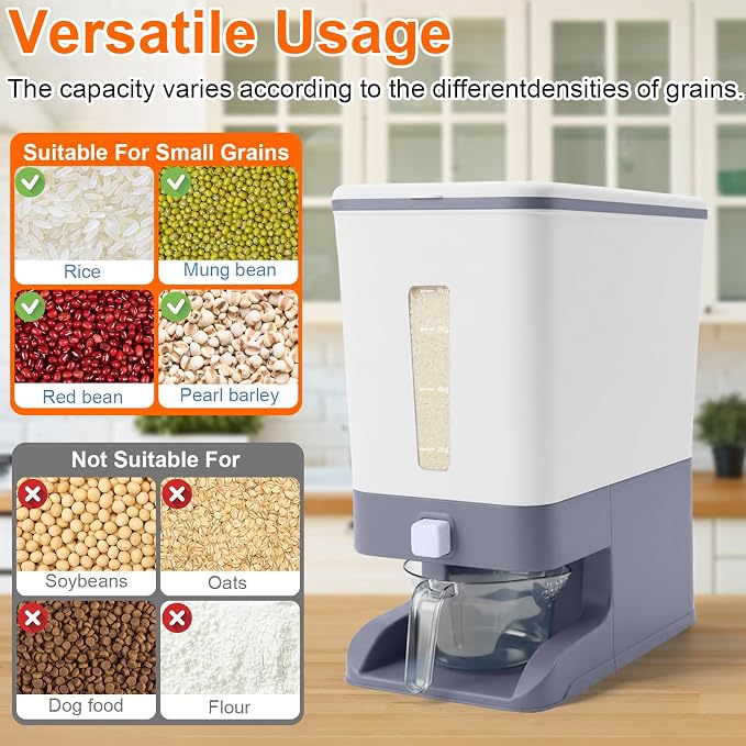 Mity rain Rice Dispenser 20 Lbs with Moisture Absorbing Clay, Rice Storage Container with Measuring Cup, 12 L Cereal Containers Storage Airtight for Kitchen Pantry Organization Gray