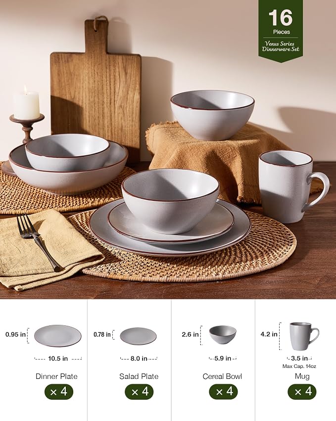 Famiware Venus 16-Piece Stoneware Dinnerware Sets with Mugs, Plates, Bowls, Service for 4, Matte Light Gray - Modern Ceramic Chip‑Resistant Dishes for Everyday & Formal, Microwave & Dishwasher Safe