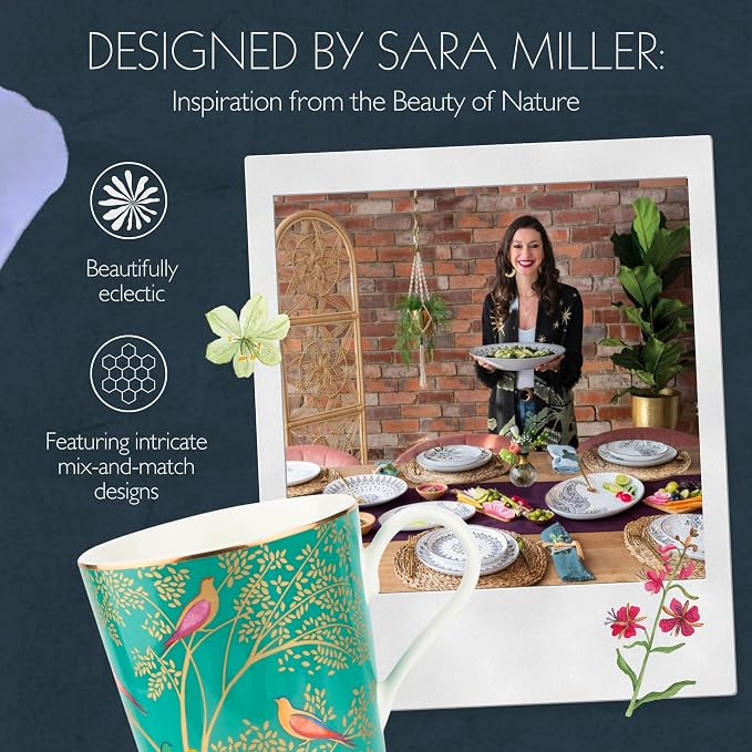 Portmeirion Sara Miller London Chelsea Mug, Green | 12 Oz Cup for Drinking Tea, Coffee, and Hot Cocoa | Made from Fine China with Gold Detail | Handwash Only