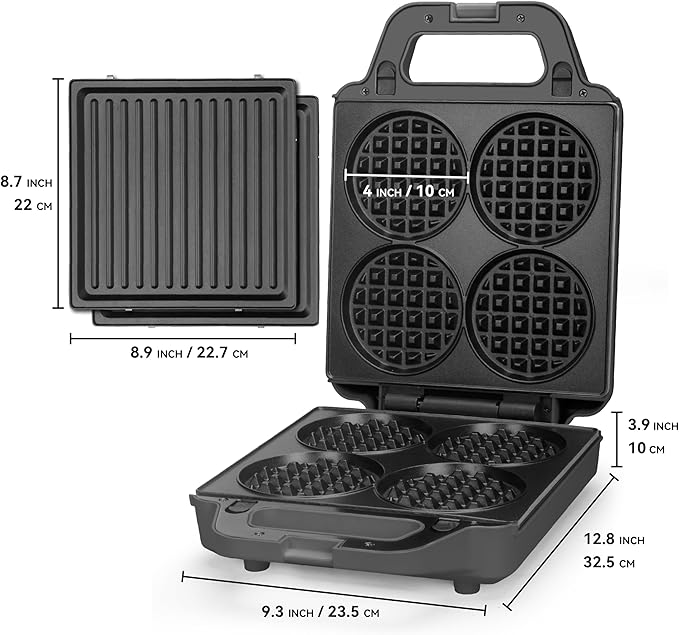 SugarWhisk 2 in 1 Mini Waffle Maker with Removable Plates, Panini Press Sandwich Maker, Sandwich Press, Waflera Electrica, Sandwichera Electrica, 4 X 4 Inch Classic Waffle Maker for Kids, Graphite